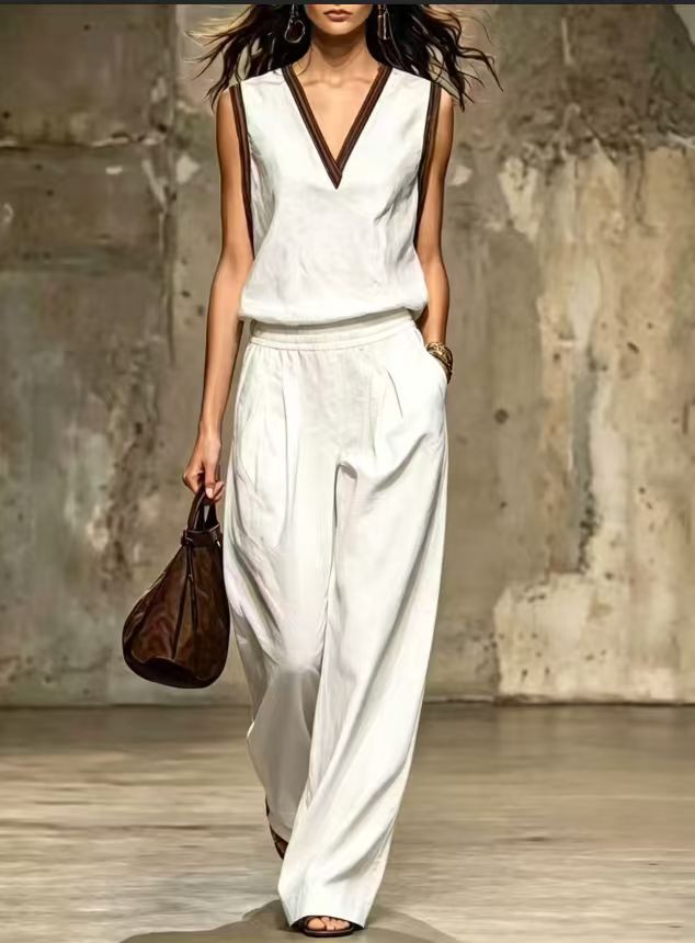 Linen Pant Wide - Multi Color V Neck Trim Sleeveless