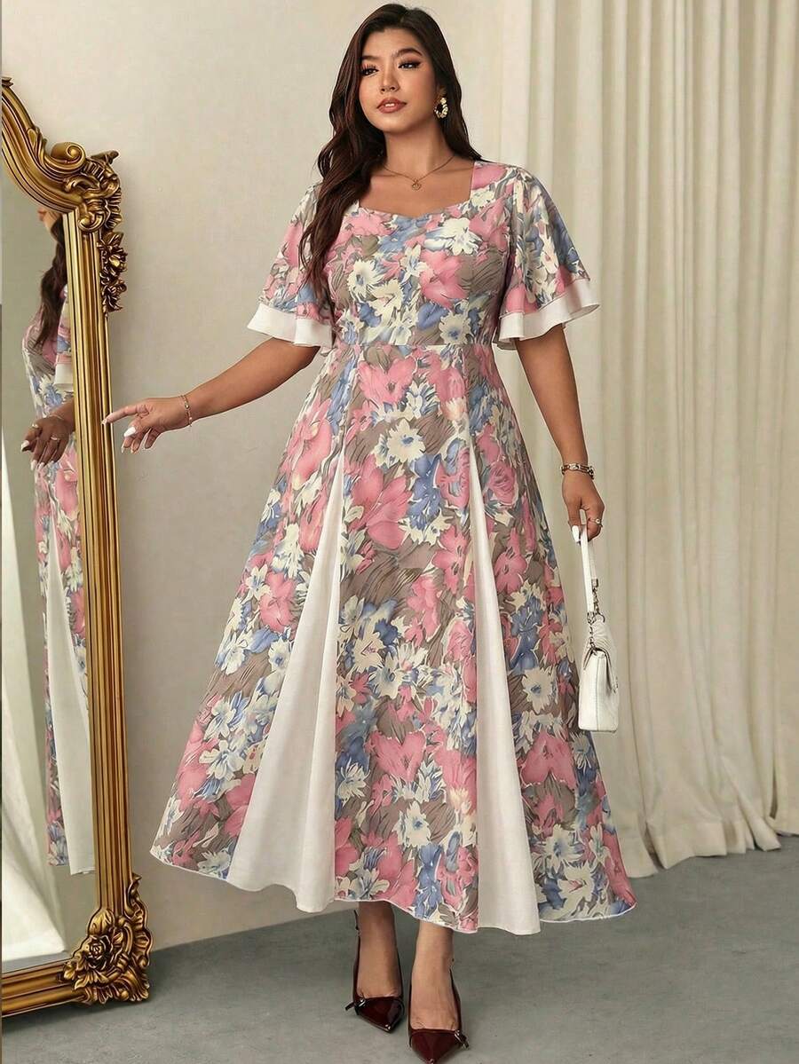 Midi Skirt Floral - Plus Size Floral Print Square Neck