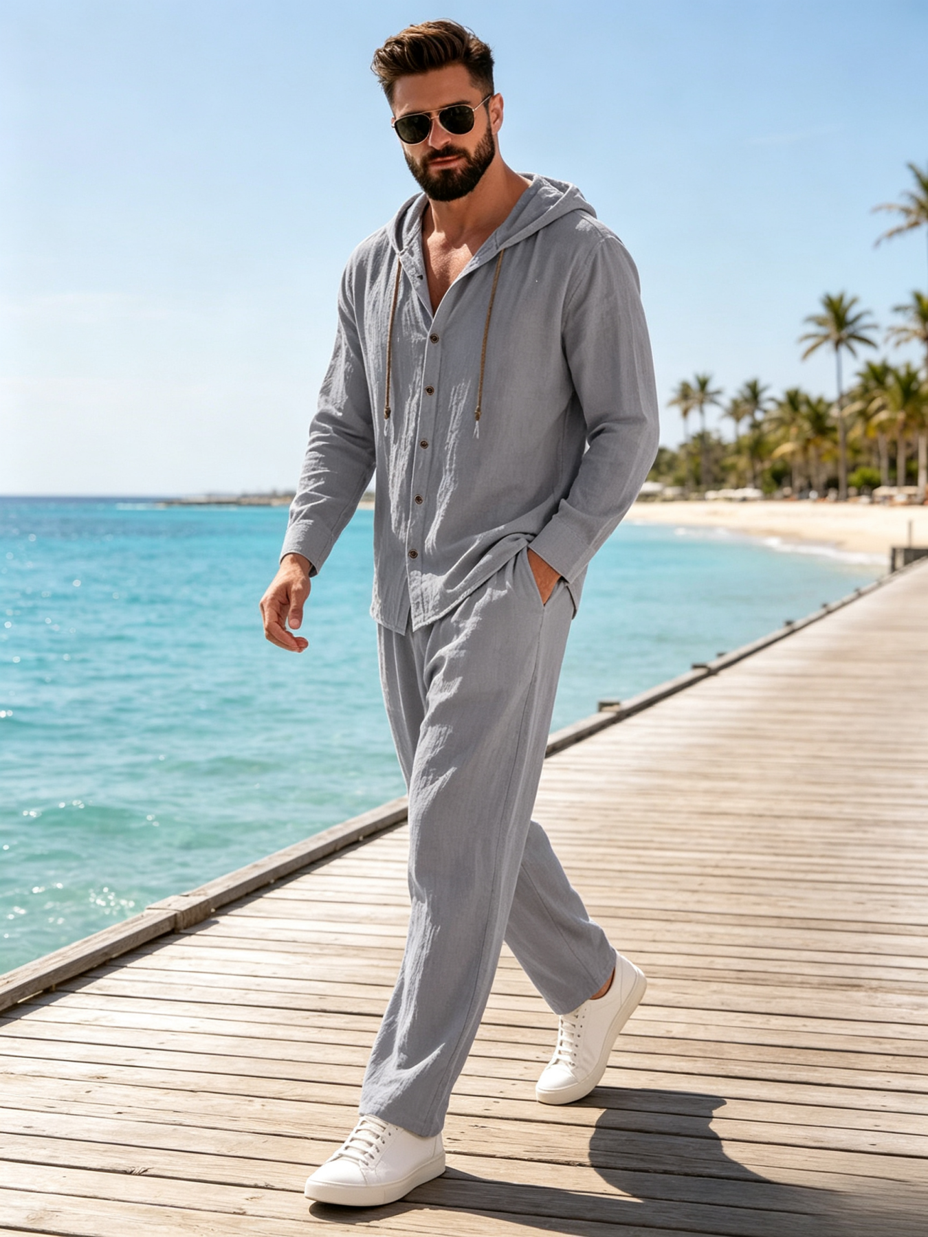 Linen Pant Wide - Mens 2 Piece Cotton Linen Outfit