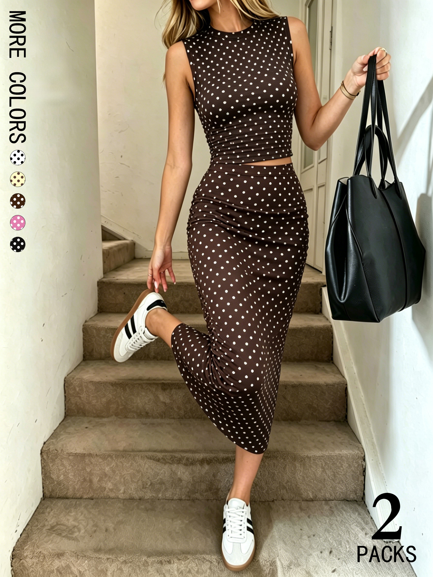 Crop Top Crochet - Women Polka Dot 2 Pcs Set