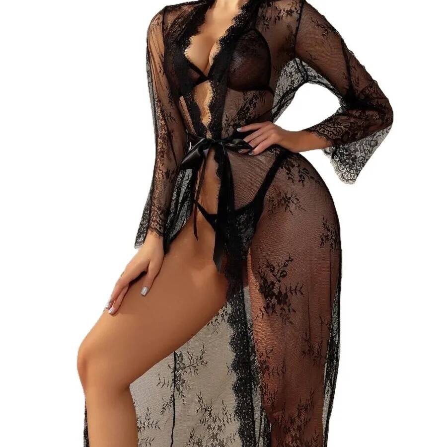 Black Lace Sheer Long Robe For - Kimono Sheer Floral avaliação e preço