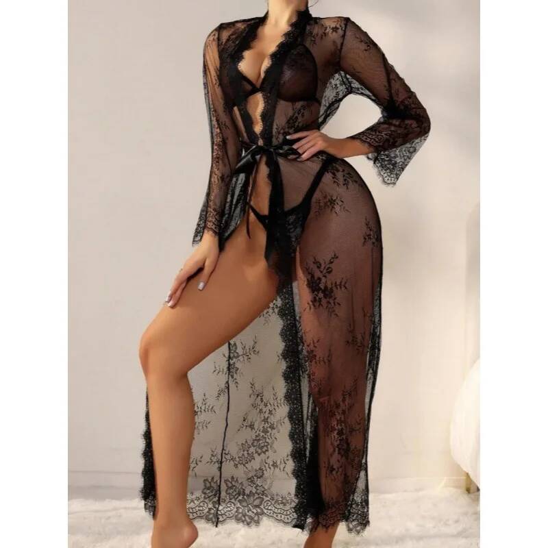 Black Lace Sheer Long Robe For - Kimono Sheer Floral avaliação e preço