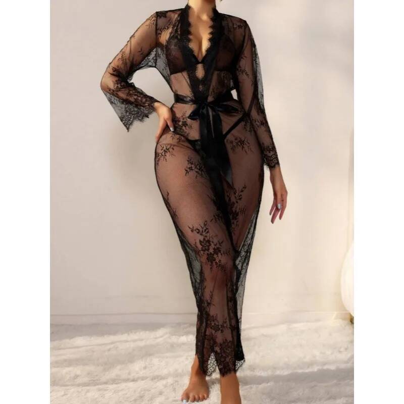 Black Lace Sheer Long Robe For - Kimono Sheer Floral avaliação e preço