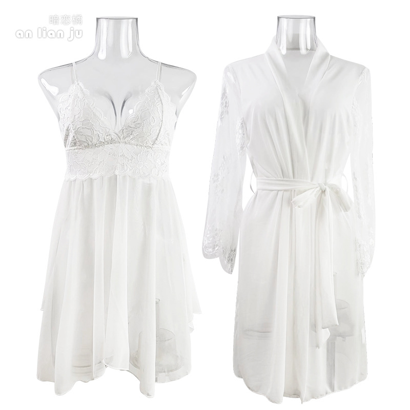 Women White Nightwear Set Flor - Kimono Sheer Floral avaliação e preço