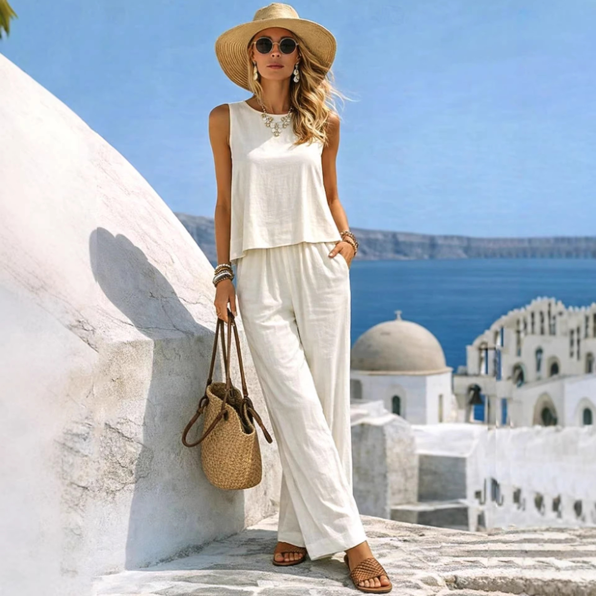  Women's Vacation 2 Piece Outf - Linen Pant Wide avaliação e preço