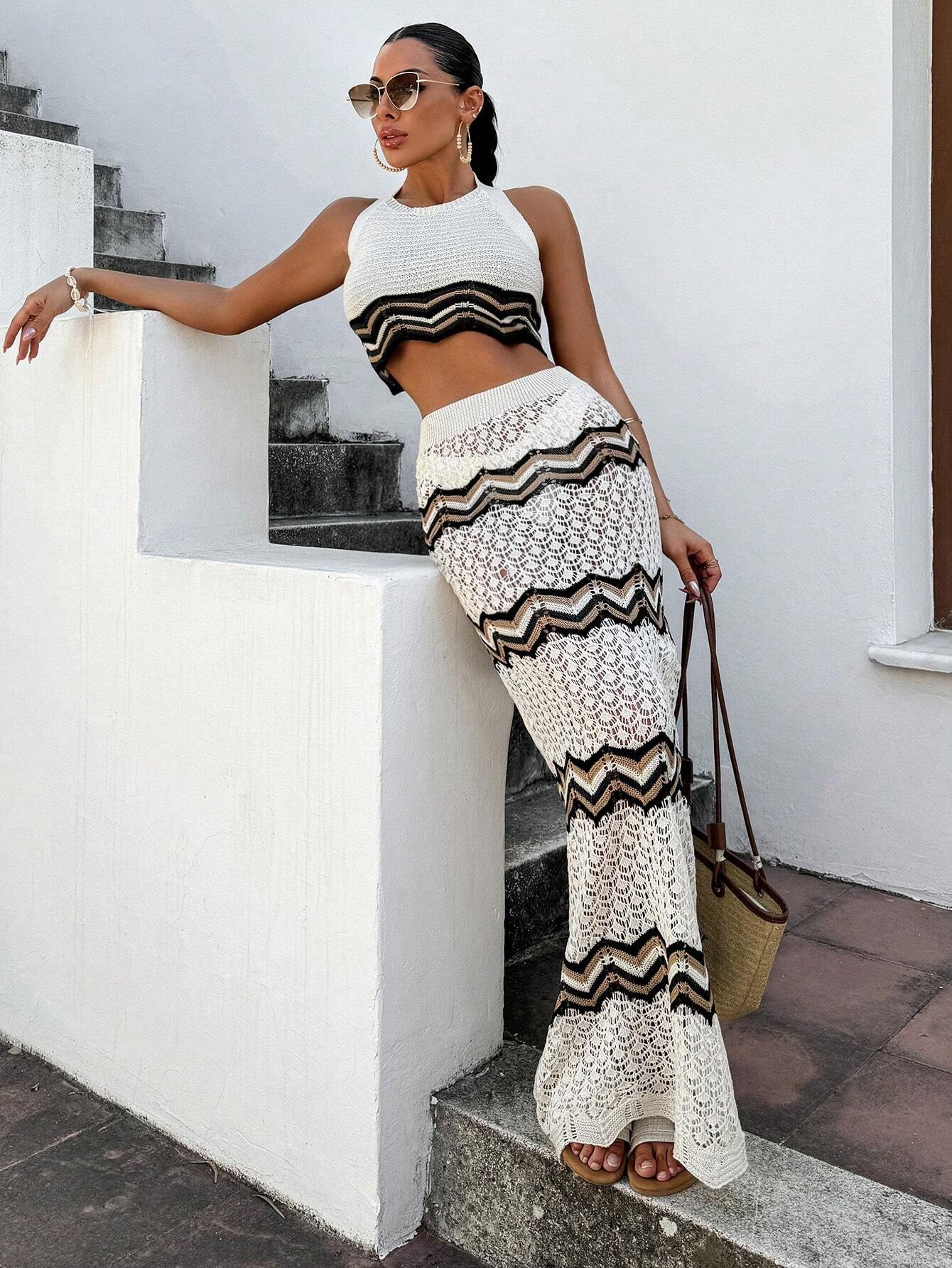 Women Striped Hollow  Crochet  - Crop Top Crochet avaliação e preço