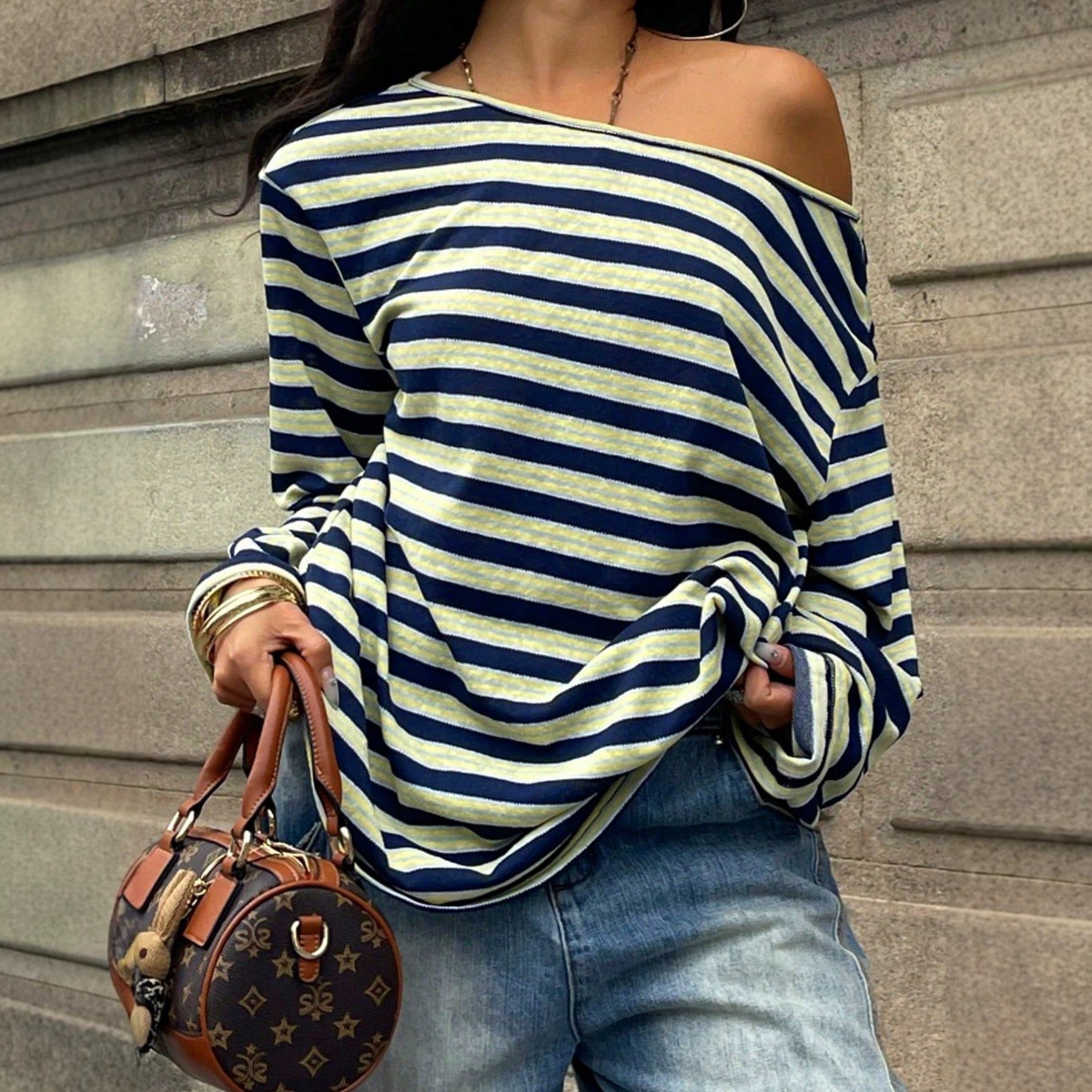 Women's Oversized Striped Blue - Blouse Off Shoulder avaliação e preço