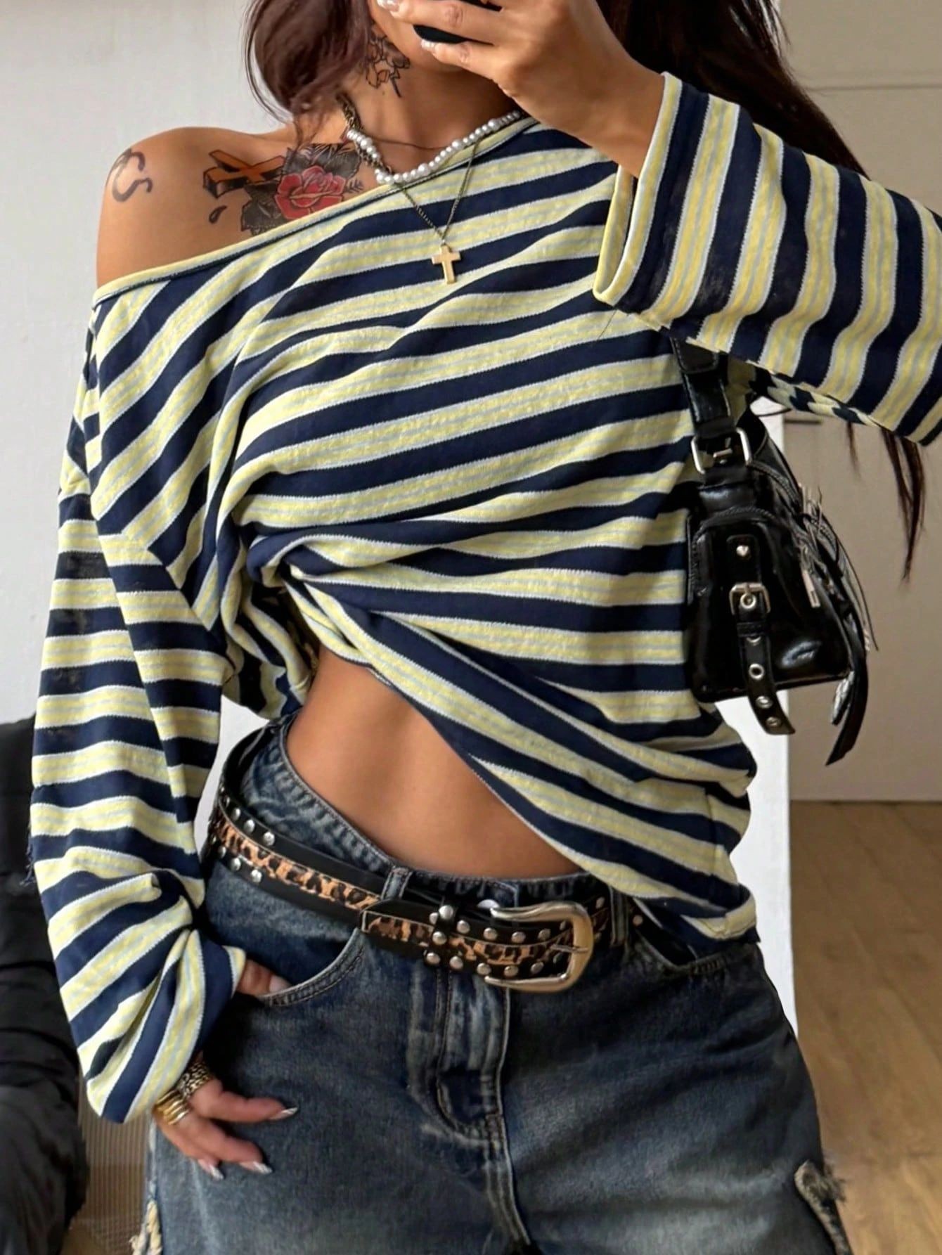 Women's Oversized Striped Blue - Blouse Off Shoulder avaliação e preço