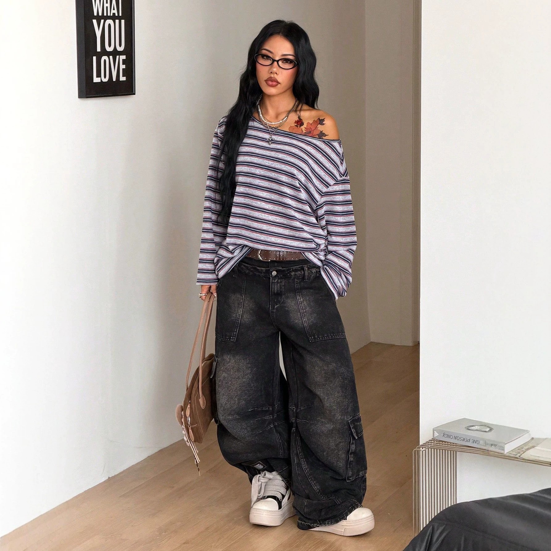 Women's Oversized Striped Blue - Blouse Off Shoulder avaliação e preço