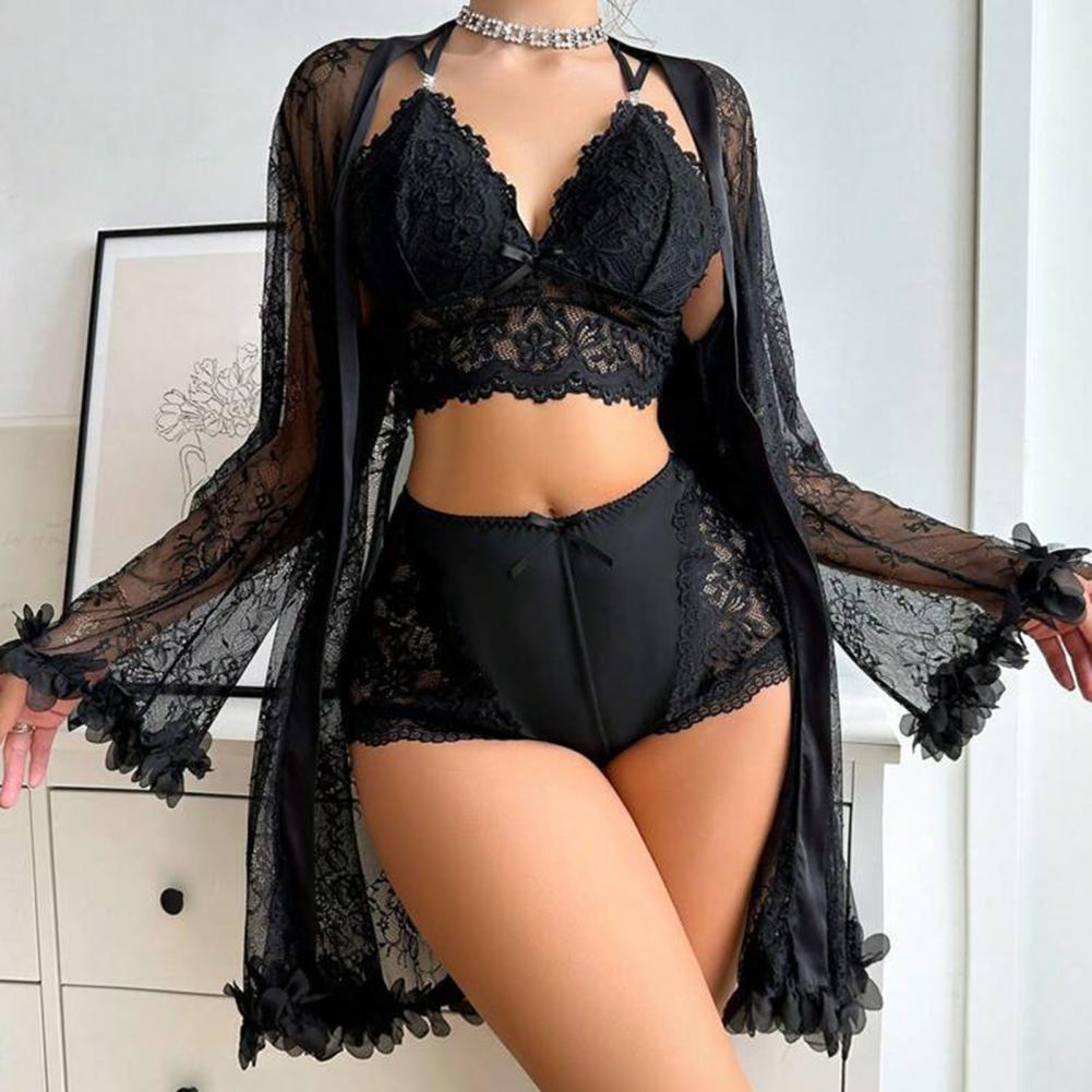Sexy Sleepwear Set Floral Lace - Kimono Sheer Floral avaliação e preço