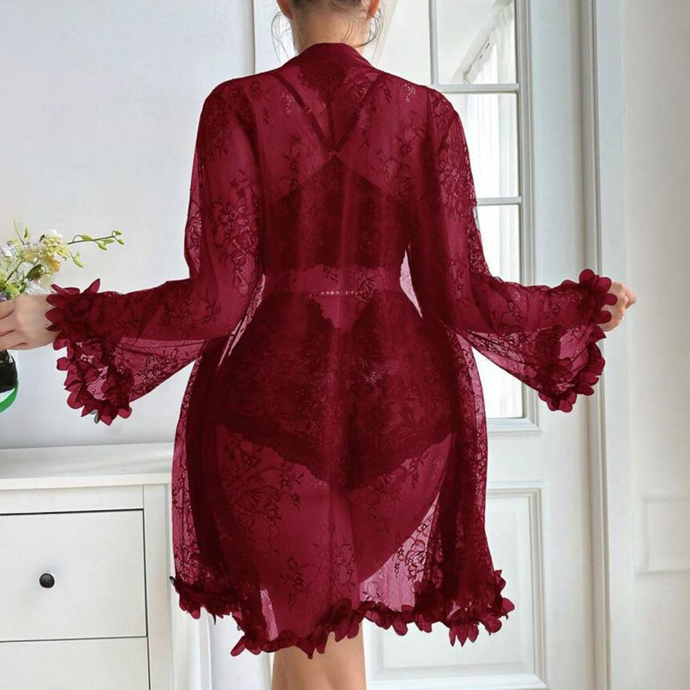 Sexy Sleepwear Set Floral Lace - Kimono Sheer Floral avaliação e preço