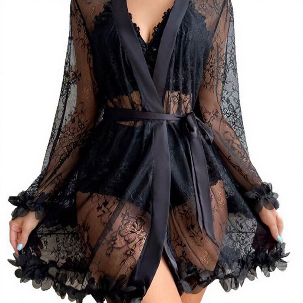 Sexy Sleepwear Set Floral Lace - Kimono Sheer Floral avaliação e preço