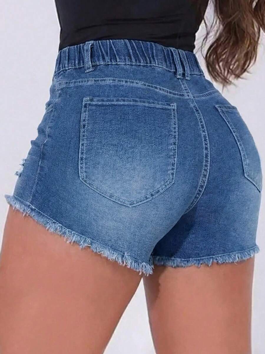 Womens Elastic Waist Frayed He - Shorts Denim Frayed avaliação e preço