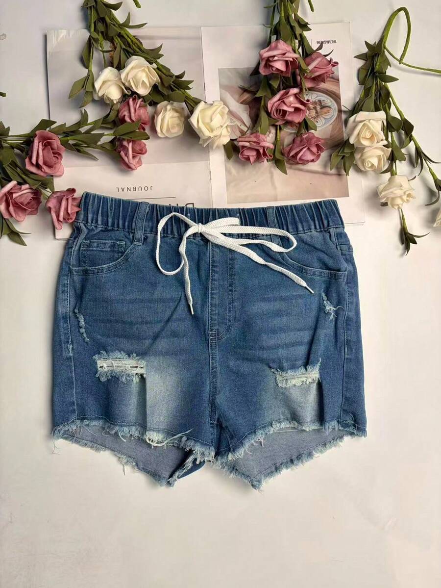 Womens Elastic Waist Frayed He - Shorts Denim Frayed avaliação e preço