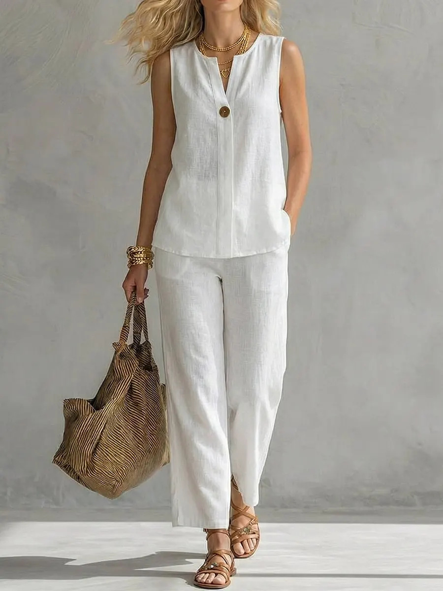 Single Button Sleeveless Linen - Linen Pant Wide avaliação e preço