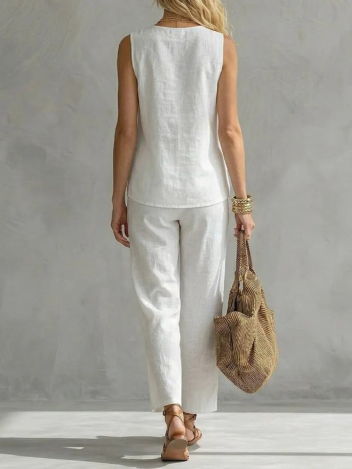 Single Button Sleeveless Linen - Linen Pant Wide avaliação e preço