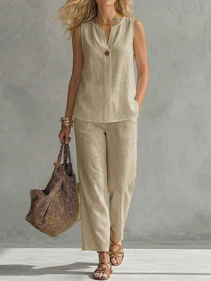 Single Button Sleeveless Linen - Linen Pant Wide avaliação e preço