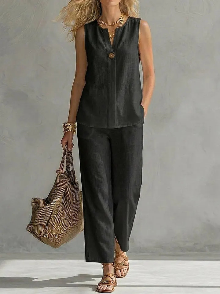 Single Button Sleeveless Linen - Linen Pant Wide avaliação e preço