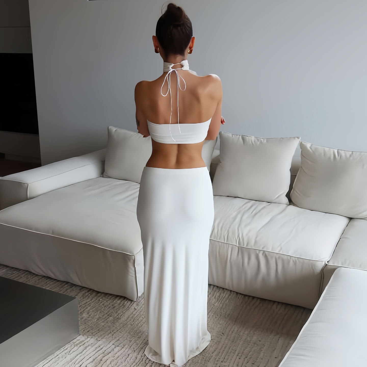 Women White Sexy Slim Waist-ba - Maxi Dress Halter avaliação e preço