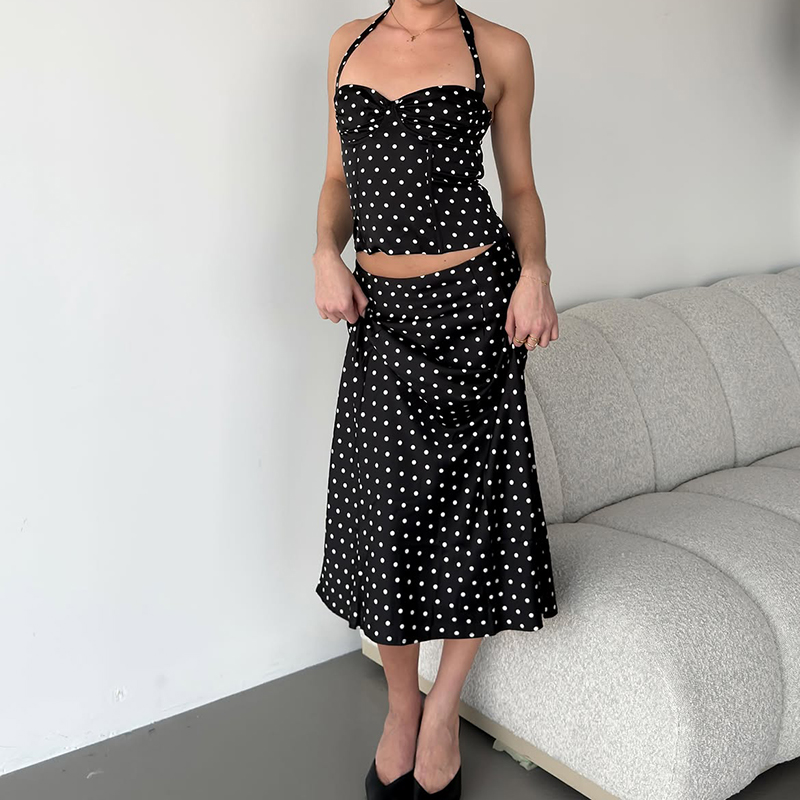 Two Piece Set Polka Dot Skirts - Crop Top Crochet avaliação e preço