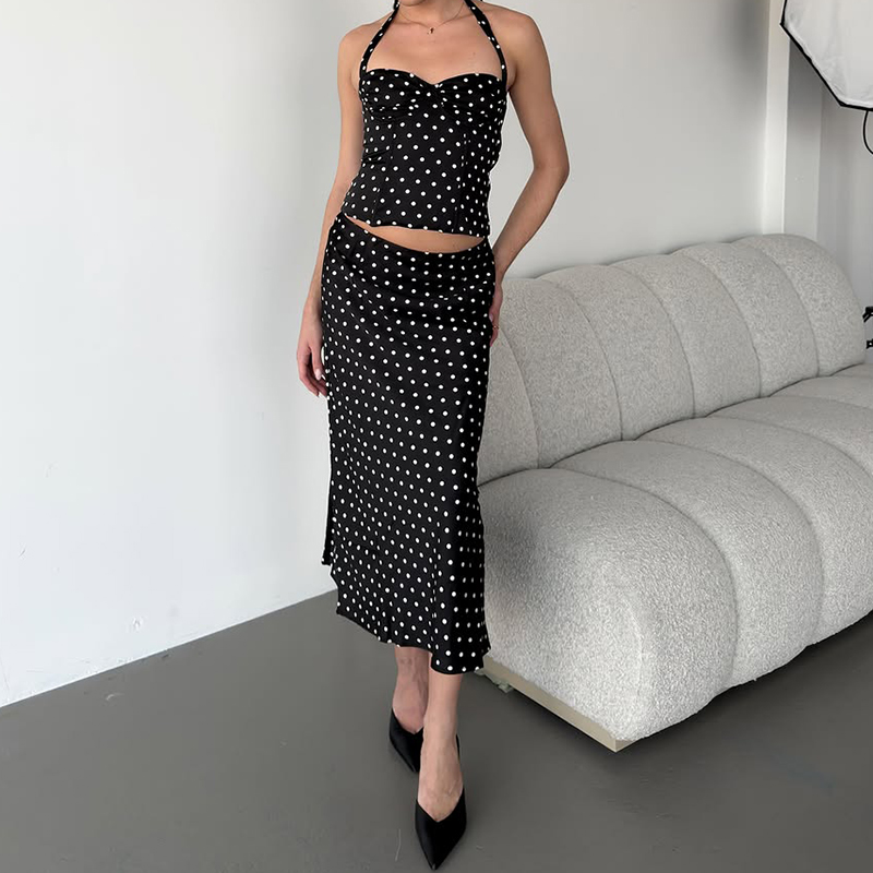 Two Piece Set Polka Dot Skirts - Crop Top Crochet avaliação e preço