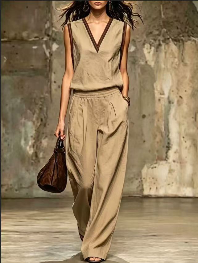 Multi Color V Neck Trim Sleeve - Linen Pant Wide avaliação e preço