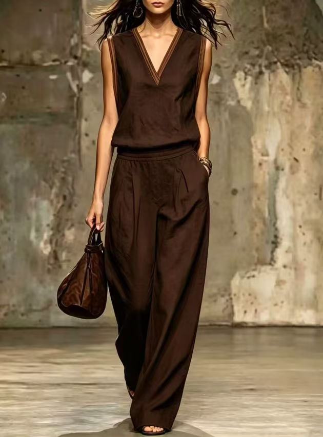 Multi Color V Neck Trim Sleeve - Linen Pant Wide avaliação e preço