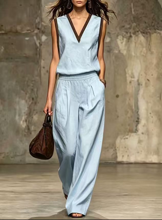 Multi Color V Neck Trim Sleeve - Linen Pant Wide avaliação e preço