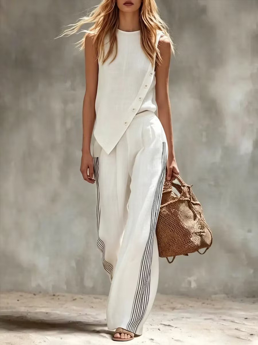 Side Button Irregular Sleevele - Linen Pant Wide avaliação e preço