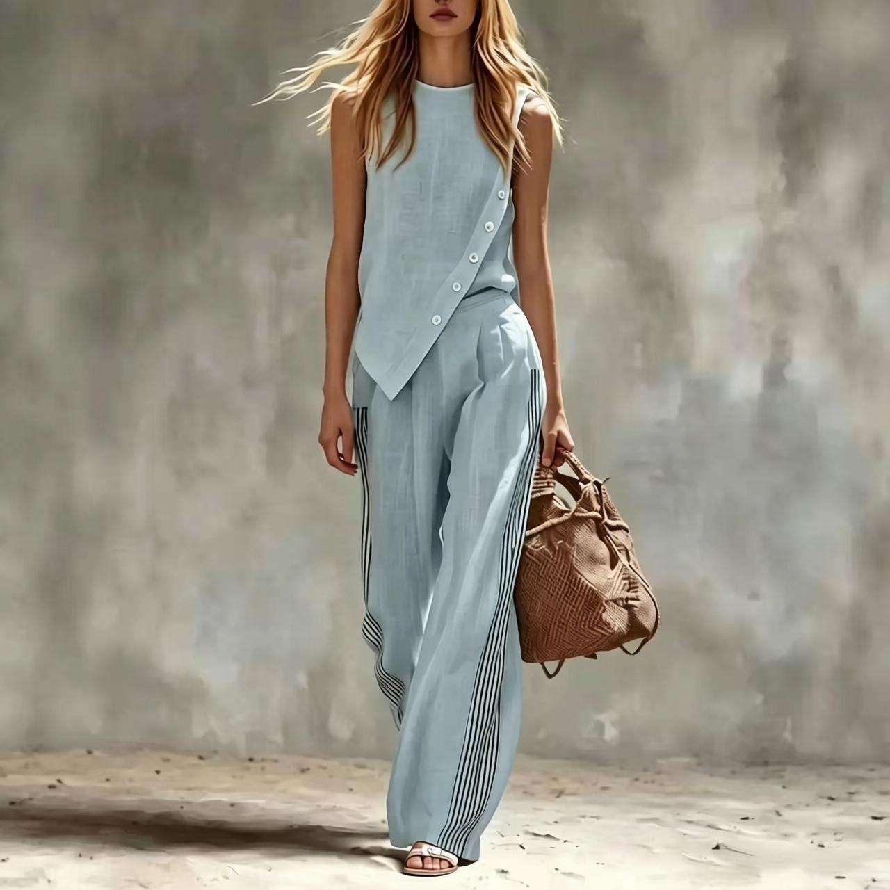 Side Button Irregular Sleevele - Linen Pant Wide avaliação e preço