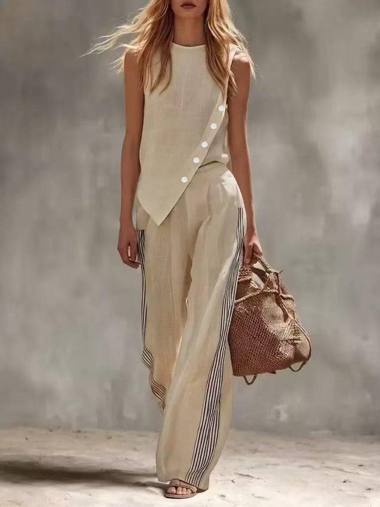 Side Button Irregular Sleevele - Linen Pant Wide avaliação e preço