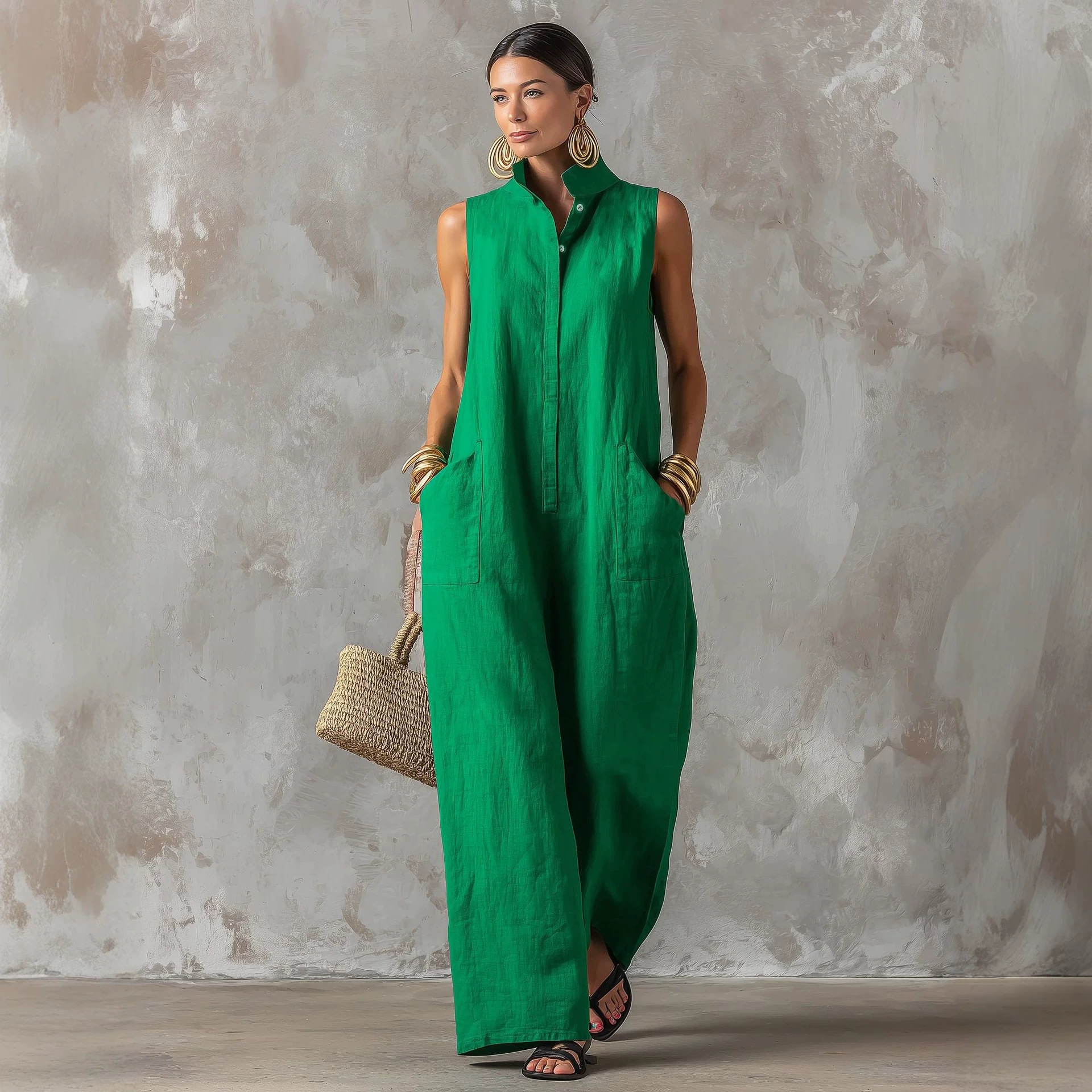 Linen Blend Jumpsuit Sleeveles - Jumpsuit Linen Relaxed avaliação e preço