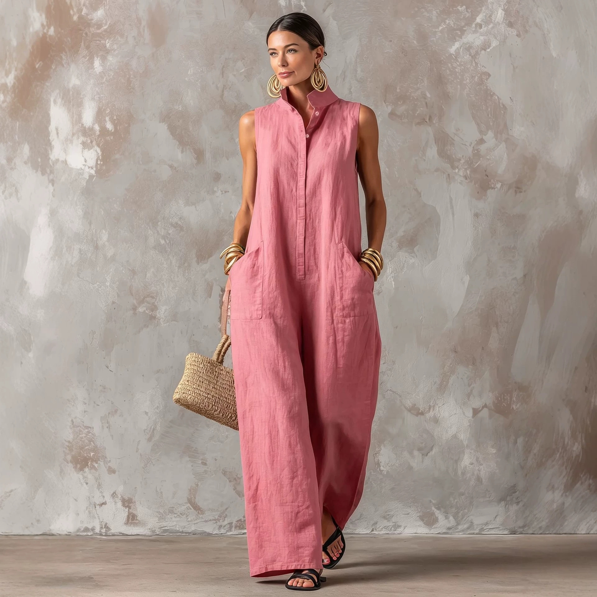 Linen Blend Jumpsuit Sleeveles - Jumpsuit Linen Relaxed avaliação e preço