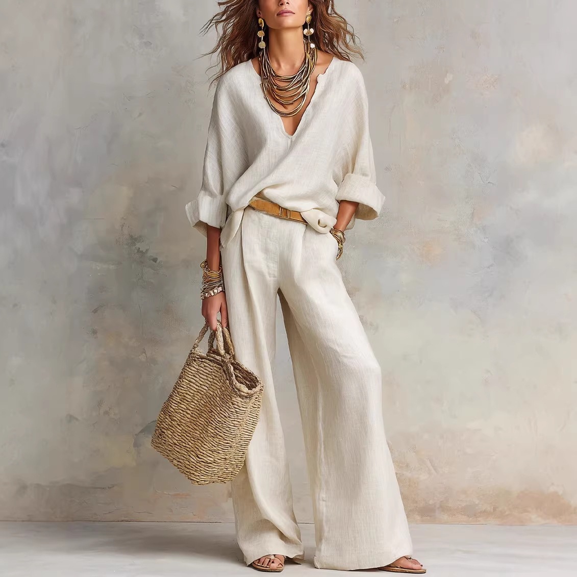 Vintage Women Simple Casual Pu - Linen Pant Wide avaliação e preço