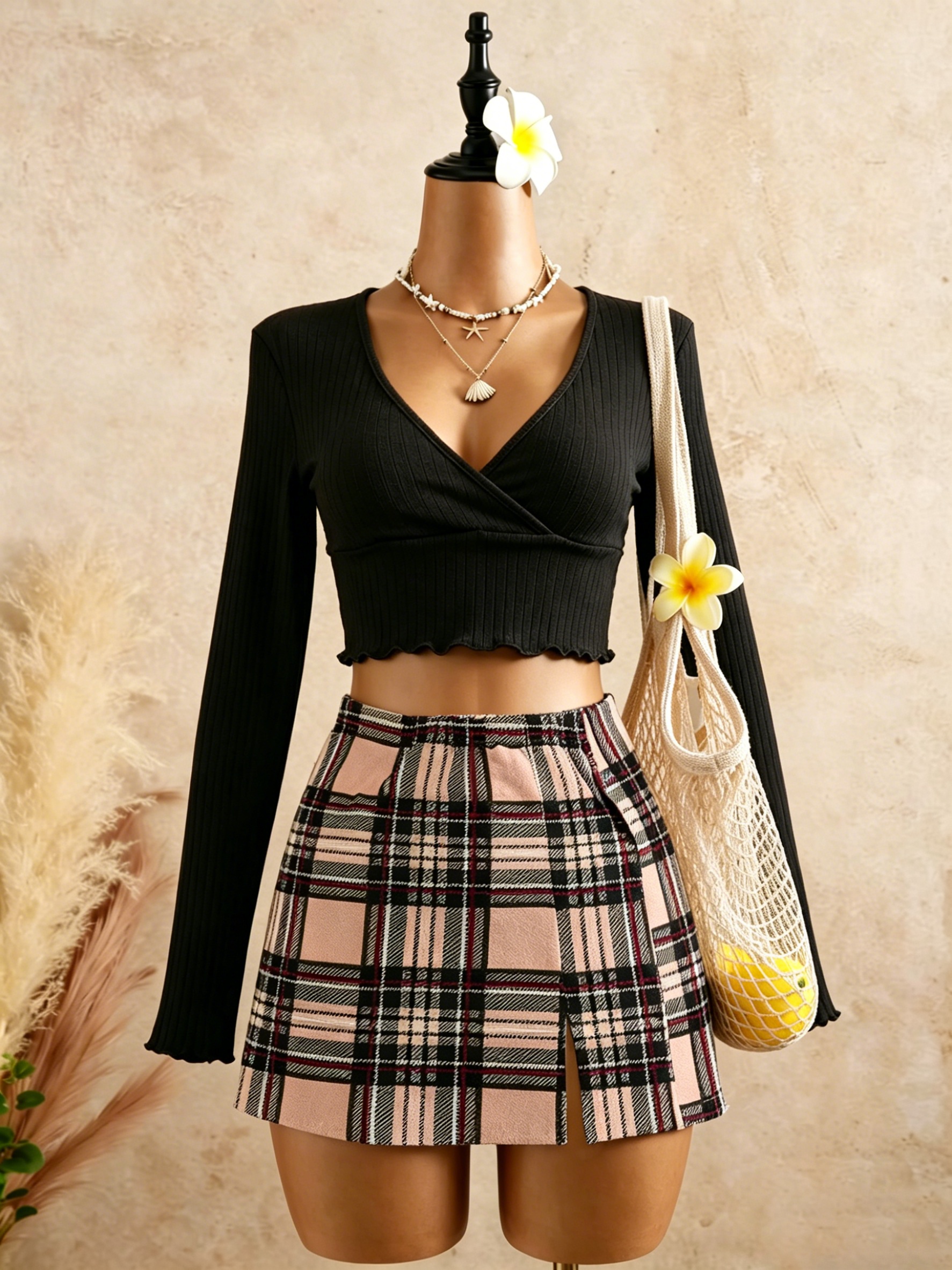 Women Black Wrap V Neck Ruffle - Crop Top Crochet avaliação e preço