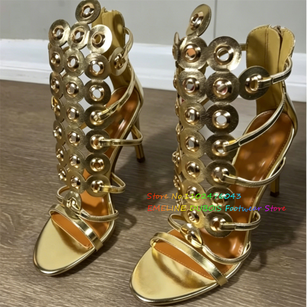 Gold Metal Circle Decor High H - Sandal Strappy Heeled avaliação e preço