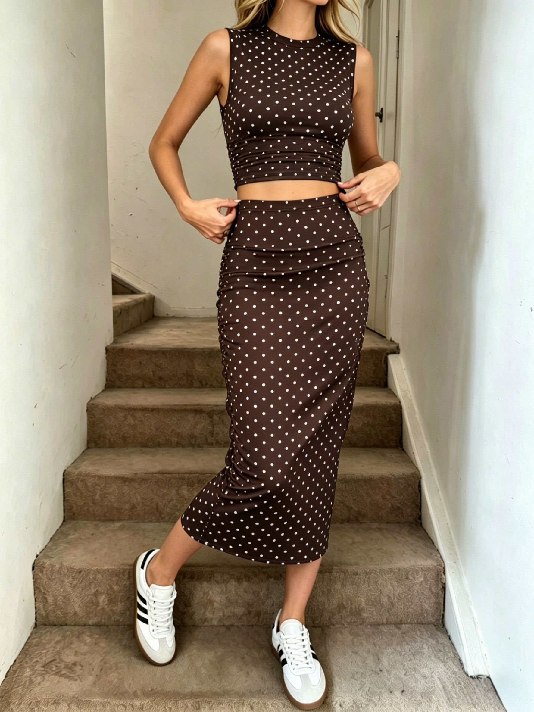 Women Polka Dot 2 Pcs Set Slee - Crop Top Crochet avaliação e preço