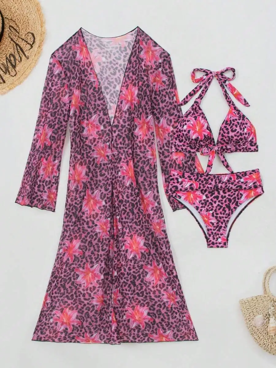 Womens 3-Piece Leopard Floral  - Kimono Sheer Floral avaliação e preço