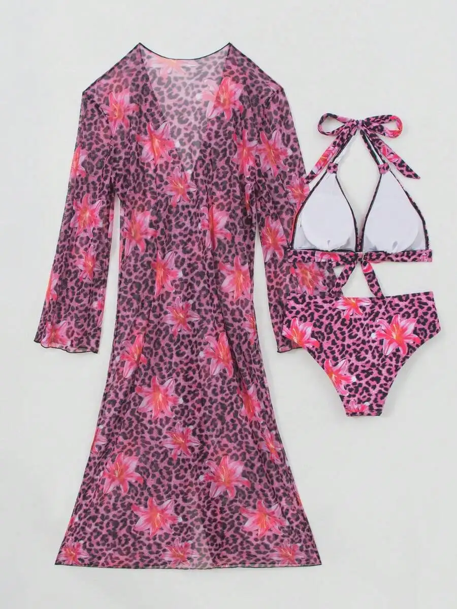 Womens 3-Piece Leopard Floral  - Kimono Sheer Floral avaliação e preço