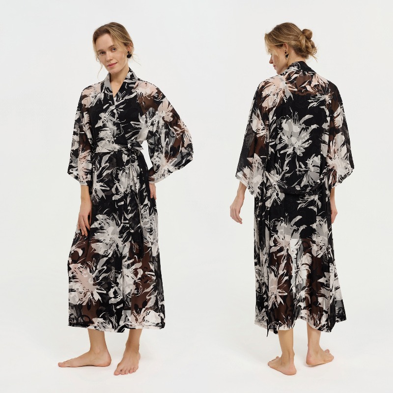 Women Black White Ink Floral S - Kimono Sheer Floral avaliação e preço